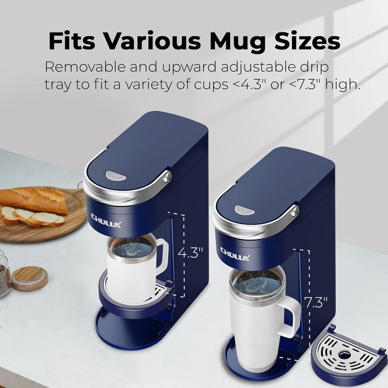 CHULUX Slim Single Serve Coffee Maker for K Pods, One Cup Coffee Maker Fits 7.3" Travel Mugs, Coffee Machine with 6 to 12oz Brew Sizes, Navy Blue - Image 2